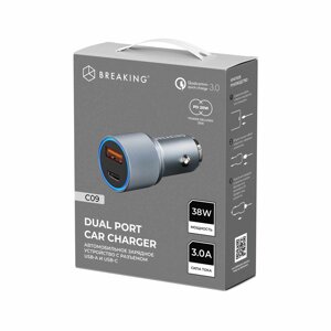 ЗУ автомобильное Breaking C09, 1*USB + 1*Type-C, QC 3.0, PD 38W, 3A , Steel (Графит) (23177) в Ростовской области от компании Медиамир