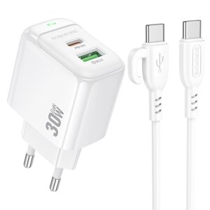 ЗУ Сетевое Borofon BAS45A 1USB+1TypeC 3,0A QC3.0+PD 30W быстр зарядка + кабель TypeC/TypeC White сп