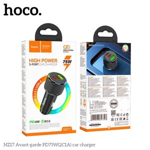 ЗУ Автомобильное HOCO NZ17 1USB+2TypeC 3.0A PD75W QC3.0 LED быстрая зарядка Black д