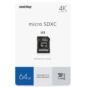 Smart Buy micro SDXC 64GB Class10 U3 V30 A1 Advanced R/W:90/55 MB/s (с адаптером SD)