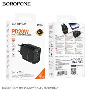 ЗУ Сетевое Borofon BA83A 1*USB+1*Type-C QC3.0 PD 20W быстрая зарядка Black