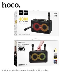 Колонка портативная HOCO HA8 40W 3000mAh подсветка, TF, караоке, AUX, 2 Б/П МИКРОФОНА Black д