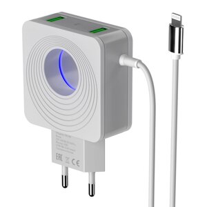 ЗУ сетевое More Choice NC48i 2USB 2.1A LED +встроенный кабель Lightning 1м +держатель (White)