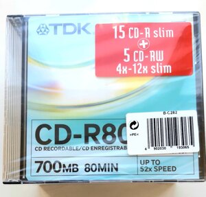 Диск TDK 15CD-R 80 52x + 5CD-RW 80 4-12x SL/20