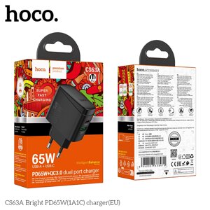 ЗУ Сетевое HOCO CS63A 1USB+1TypeC 65W быстр зарядка Black д