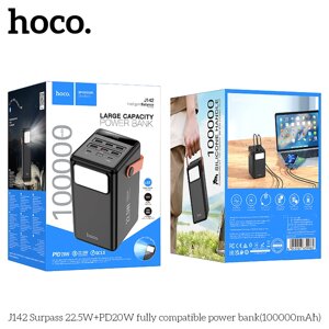 Внешний аккумулятор. 100000mAh Hoco J142 22.5W+PD20W 6USB+1TypeC LED-дисплей, Фонарь Black д