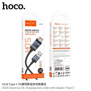Кабель USB-TypeC Hoco X118  5.0A LED экран нейлон 1,0м Black д в Ростовской области от компании Медиамир
