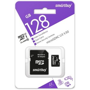 Smart Buy micro SDXC 128GB Class10 U3 V30 для видеонаблюдения (с адаптером SD)