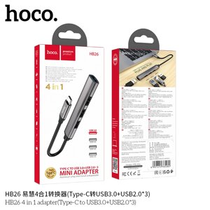 Хаб USB Hoco HB26a3.0 Type-C out - in 1*USB 3.0+3*USB 2.0 0,13m Metal Grey