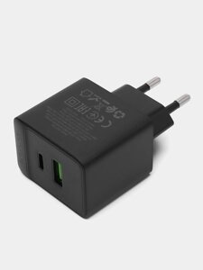 ЗУ Сетевое Borofon BAS14A 1USB+1TypeC 3.0A QC3.0 PD20W быстрая зарядка + кабель TypeC/TypeC Black