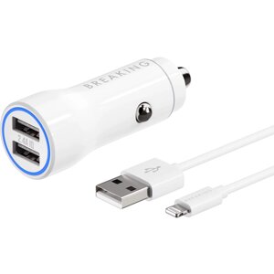 ЗУ автомобильное Breaking A16 2USB, 2.4A + кабель USB-A - Lightning (Белый) (23200)