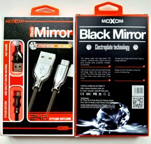Кабель Moxom Lightning CC-77  Black Mirror, 2,4А, кабель прорезиненная ткань 1 м, черный в Ростовской области от компании Медиамир