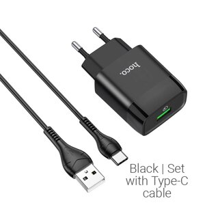 ЗУ Сетевое HOCO C72Q Glorious 1USB 3.0A QC3.0 быстрая зарядка + кабель TypeC блистер Black