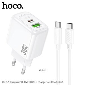 ЗУ Сетевое HOCO CS55A 1USB+1TypeC 3.0A QC3.0+PD 30W быстр зарядка + кабель TypeC/TypeC White в Ростовской области от компании Медиамир