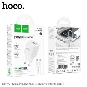 ЗУ Сетевое HOCO C147A 1USB+1Type-C 3.0A PD 20W+QC3.0 быстрая зарядка + кабель TypeC/TypeC White сд