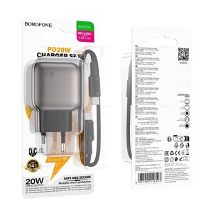 ЗУ Сетевое Borofon BAS53A 1TypeC 3.0A PD 20W быстрая зарядка + кабель TypeC/TypeC Black