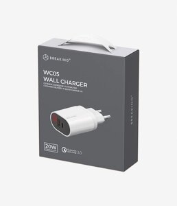 ЗУ сетевое Breaking WC05, Type-C + USB-A, PD 20W, QC 3.0, LED (Белый) Коробка (22206)