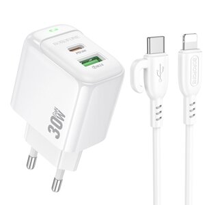 ЗУ Сетевое Borofon BAS45A 1USB+1TypeC 3,0A QC3.0+PD 30W быстр зарядка + кабель Lightning/TypeC White