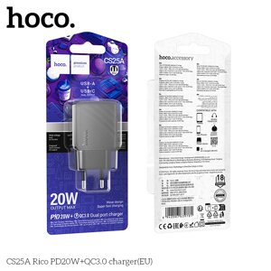 ЗУ Сетевое HOCO CS25A Rico 1USB+1Type-C 3.0A PD 20W+QC3.0 быстрая зарядка Black