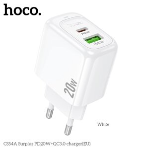 ЗУ Сетевое HOCO CS54A 1USB+1TypeC 3.0A QC3.0 PD 20W быстрая зарядка White