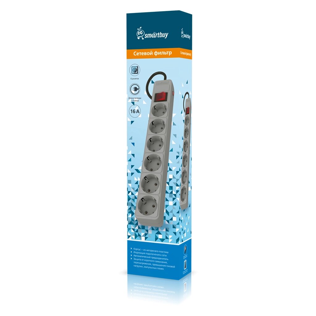 Сетевой фильтр SmartBuy 16А, 3500 Вт, 6 гнезд, без з/ш, с з/к, ПВС 3x1.0мм, 3.0 м, серый (SBSP-6-30-G от компании Медиамир - фото 1