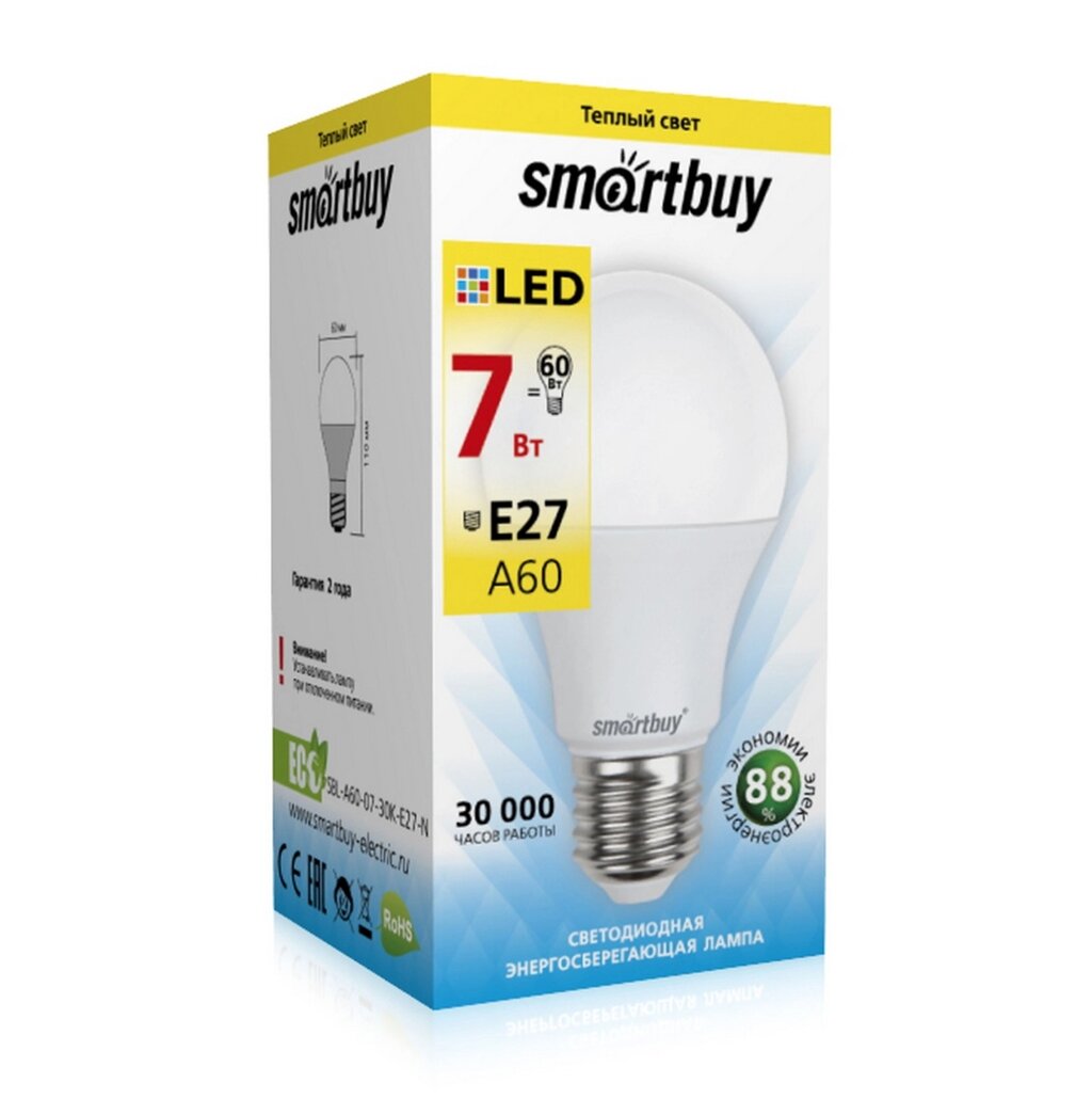 Светодиодная (LED) Лампа Smartbuy-A60-07W/3000/E27 от компании Медиамир - фото 1