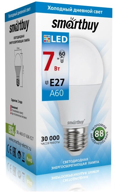 Светодиодная (LED) Лампа Smartbuy-A60-07W/6000/E27 (SBL-A60-07-60K-E27) от компании Медиамир - фото 1