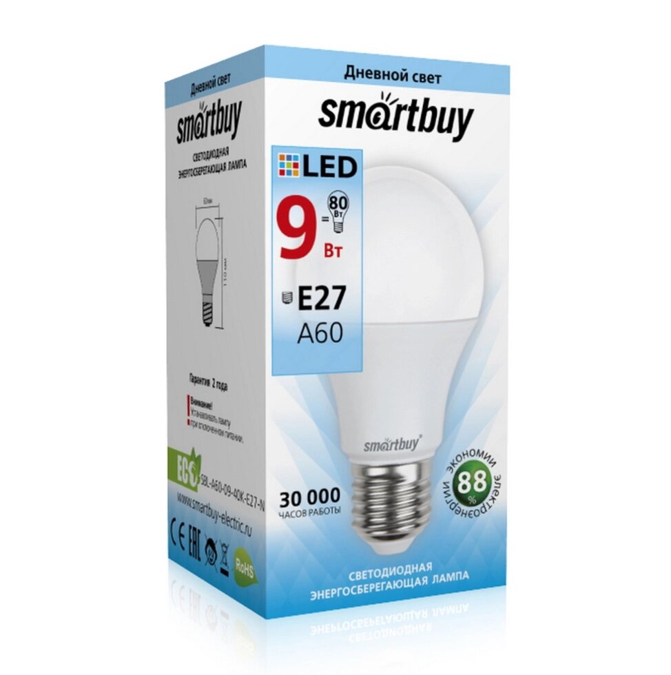 Светодиодная (LED) Лампа Smartbuy-A60-09W/4000/E27 (SBL-A60-09-40K-E27-N) от компании Медиамир - фото 1
