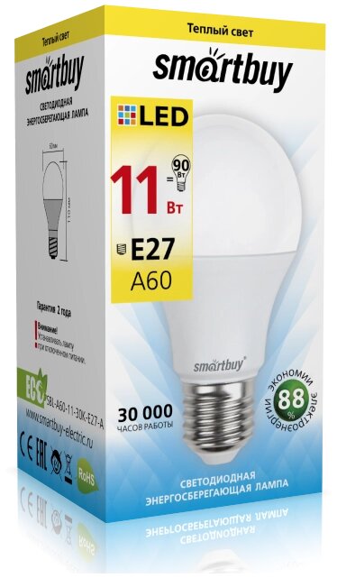 Светодиодная (LED) Лампа Smartbuy-A60-11W/3000/E27 (SBL-A60-11-30K-E27-A) от компании Медиамир - фото 1