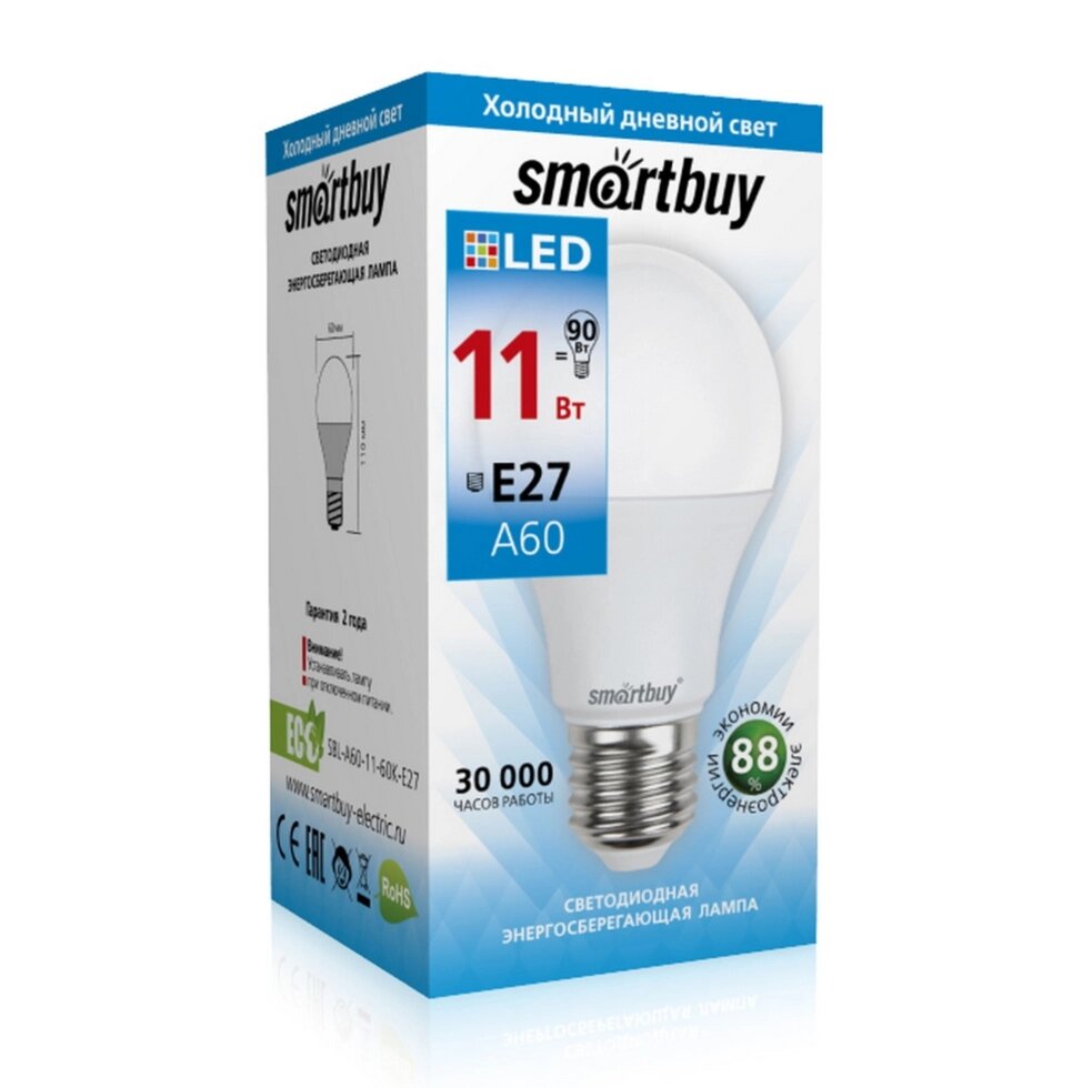 Светодиодная (LED) Лампа Smartbuy-A60-11W/6000/E27 (SBL-A60-11-60K-E27) от компании Медиамир - фото 1