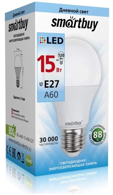 Светодиодная (LED) Лампа Smartbuy-A60-15W/4000/E27 (SBL-A60-15-40K-E27) от компании Медиамир - фото 1