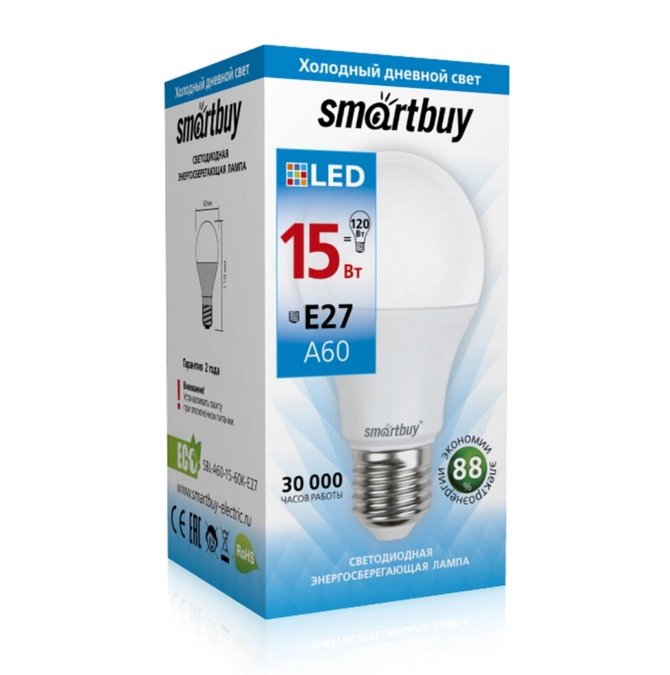 Светодиодная (LED) Лампа Smartbuy-A60-15W/6000/E27 (SBL-A60-15-60K-E27) от компании Медиамир - фото 1