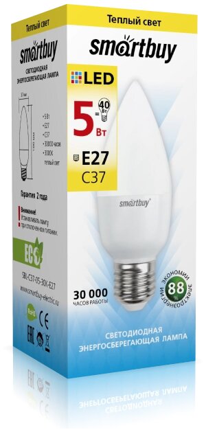 Светодиодная (LED) Лампа Smartbuy-C37-05W/3000/E27 (SBL-C37-05-30K-E27) от компании Медиамир - фото 1