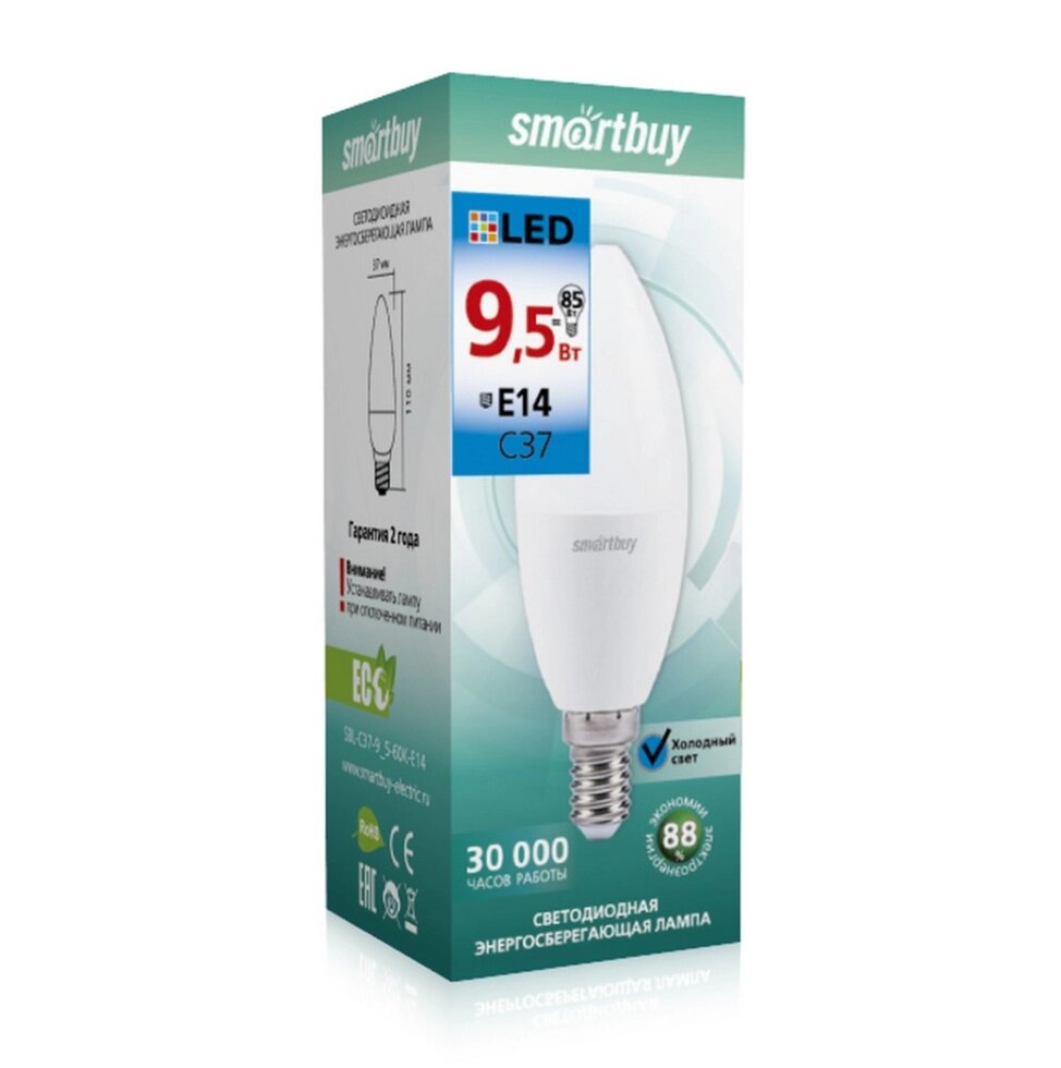 Светодиодная (LED) Лампа Smartbuy-C37-9.5W/6000/E14 от компании Медиамир - фото 1