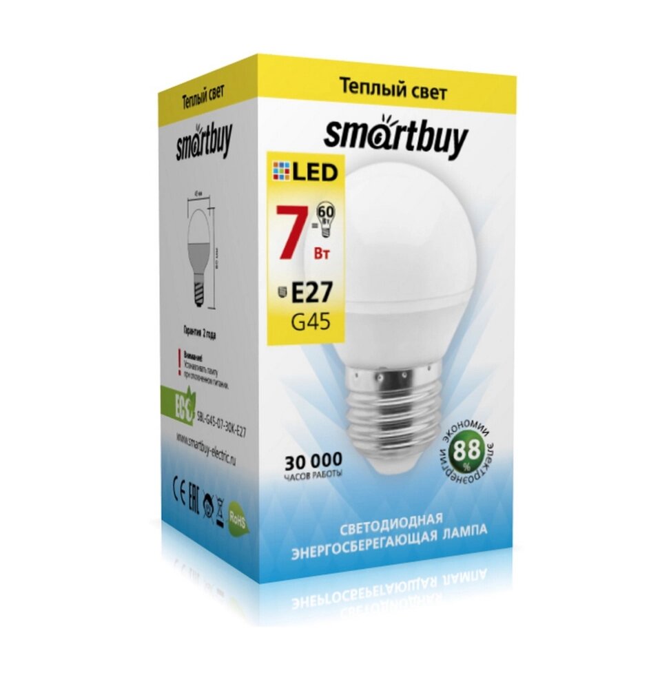 Светодиодная (LED) Лампа Smartbuy-G45-07W/3000/E27 от компании Медиамир - фото 1