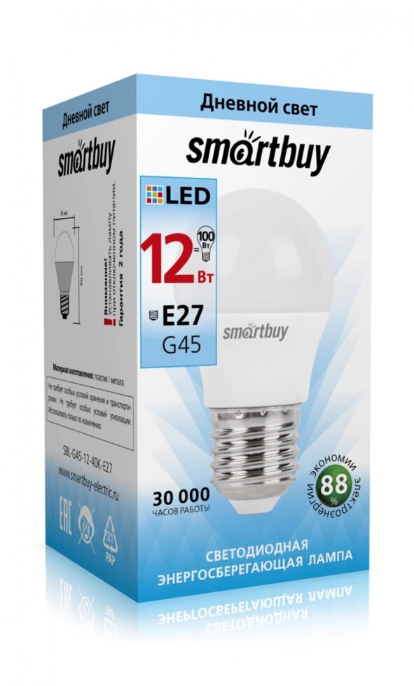 Светодиодная (LED) Лампа Smartbuy-G45-12W/4000/E27 от компании Медиамир - фото 1