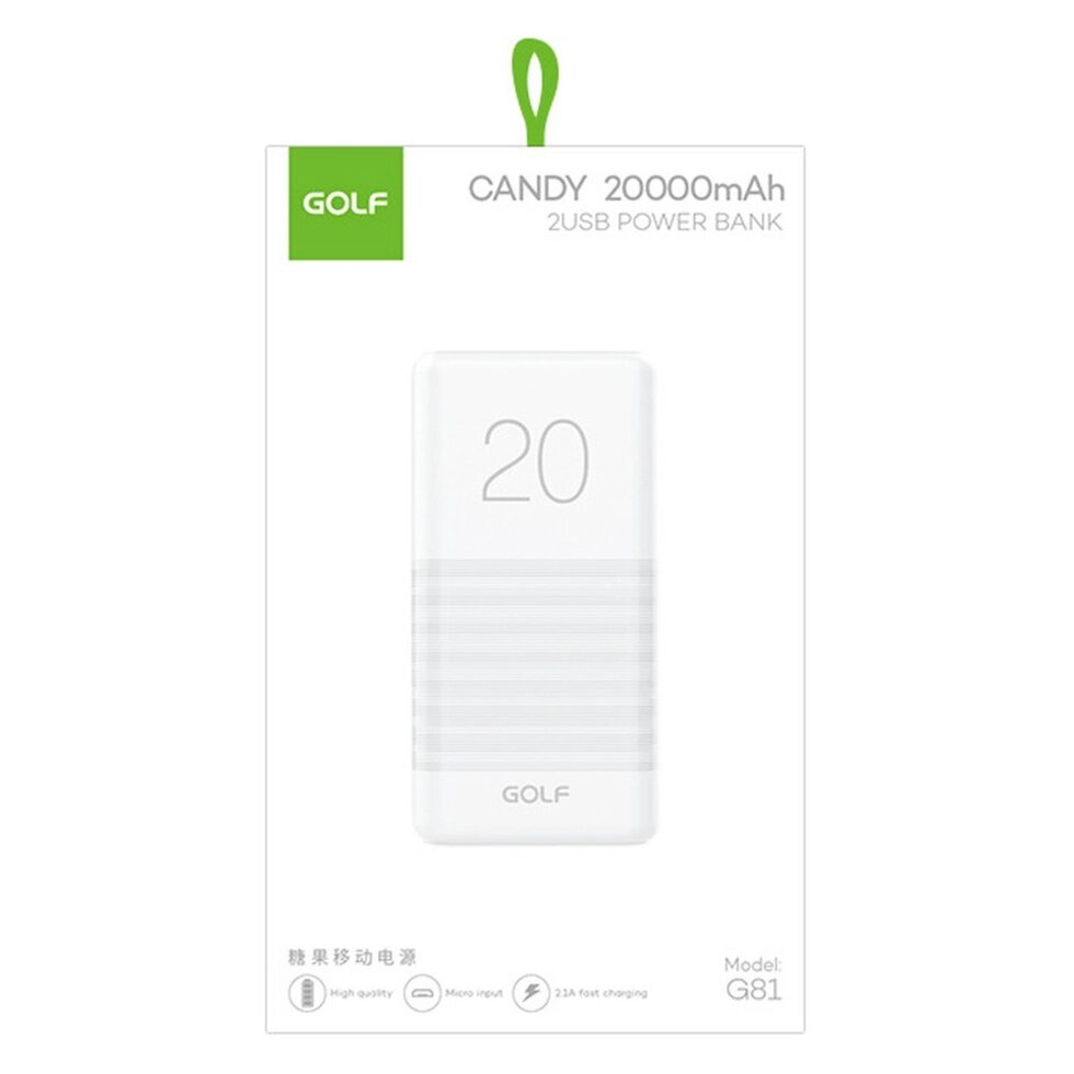 Внешний аккумулятор GOLF G81/20000 mah+Кабель Micro usb/In Micro usb/Out USB 1А, 2.1А White от компании Медиамир - фото 1