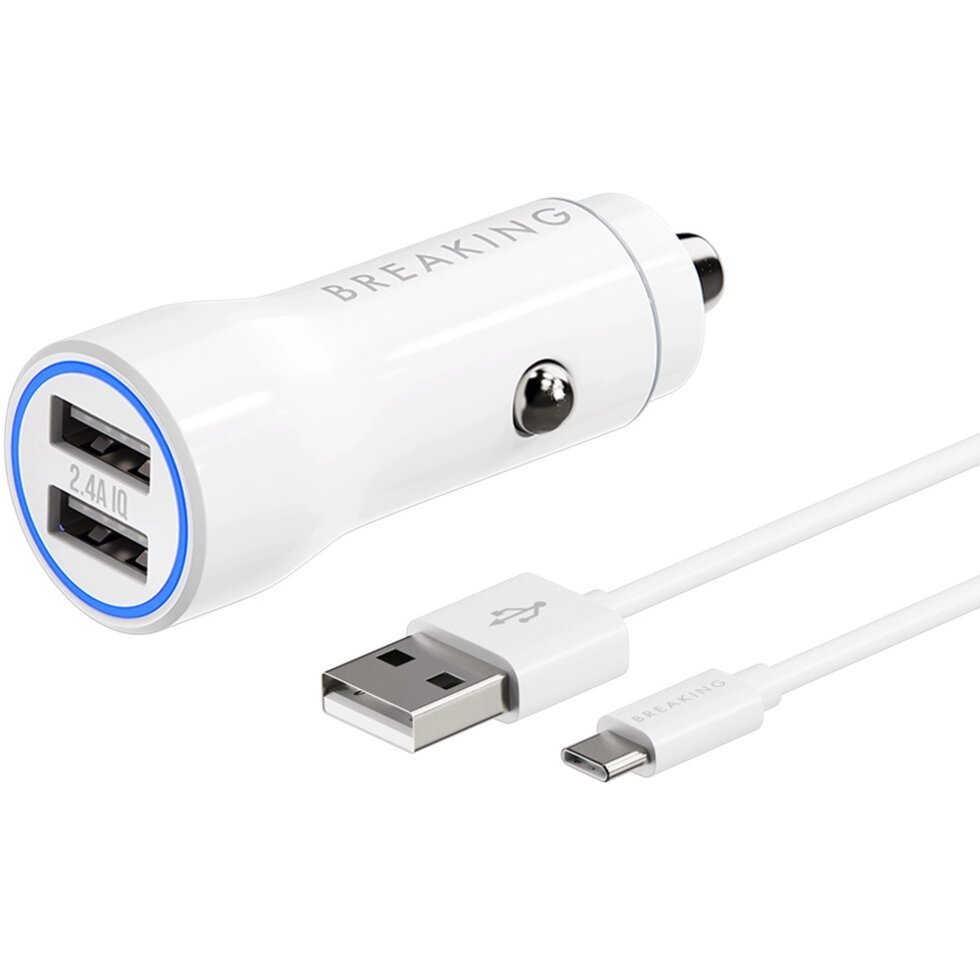 ЗУ автомобильное Breaking A18 2*USB, 2.4A + кабель USB-A - Type-C (Белый)   Коробка  (23202) от компании Медиамир - фото 1