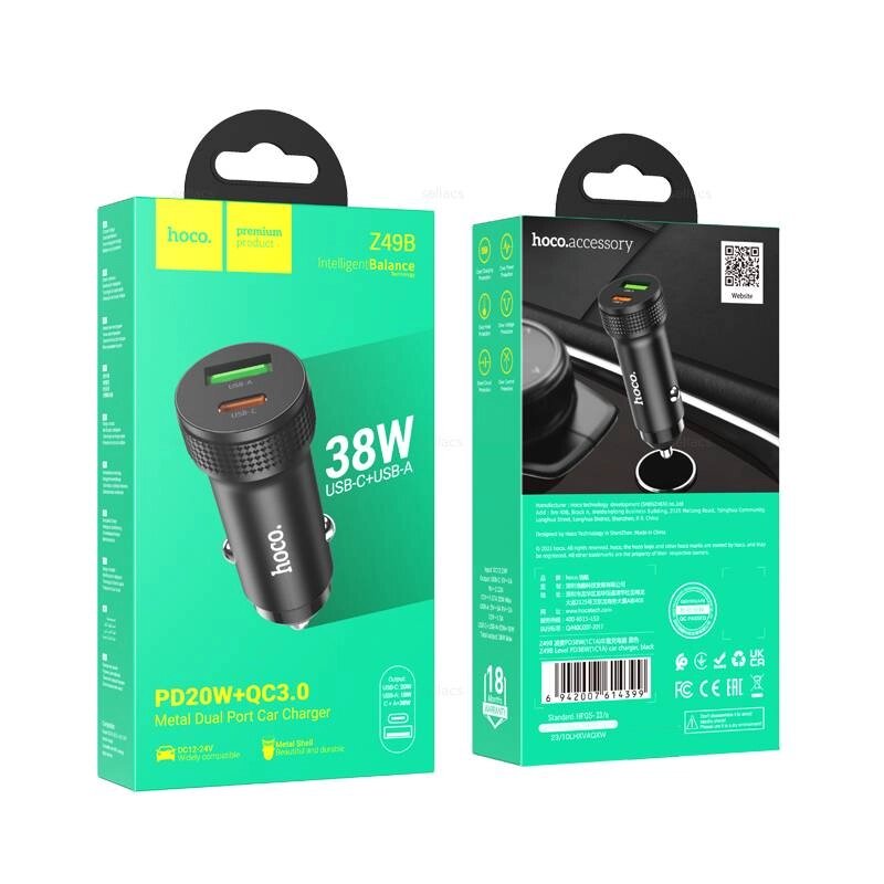 ЗУ Автомобильное HOCO Z49B 1USB+1Type-C 3.0A PD38W+QC3.0 быстрая зарядка Black сд от компании Медиамир - фото 1