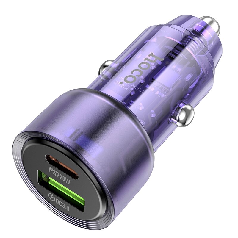 ЗУ Автомобильное HOCO Z52 Spacious 1USB+1TypeC 3.0A QC3.0 PD38W быстрая зарядка Transparent Purple от компании Медиамир - фото 1