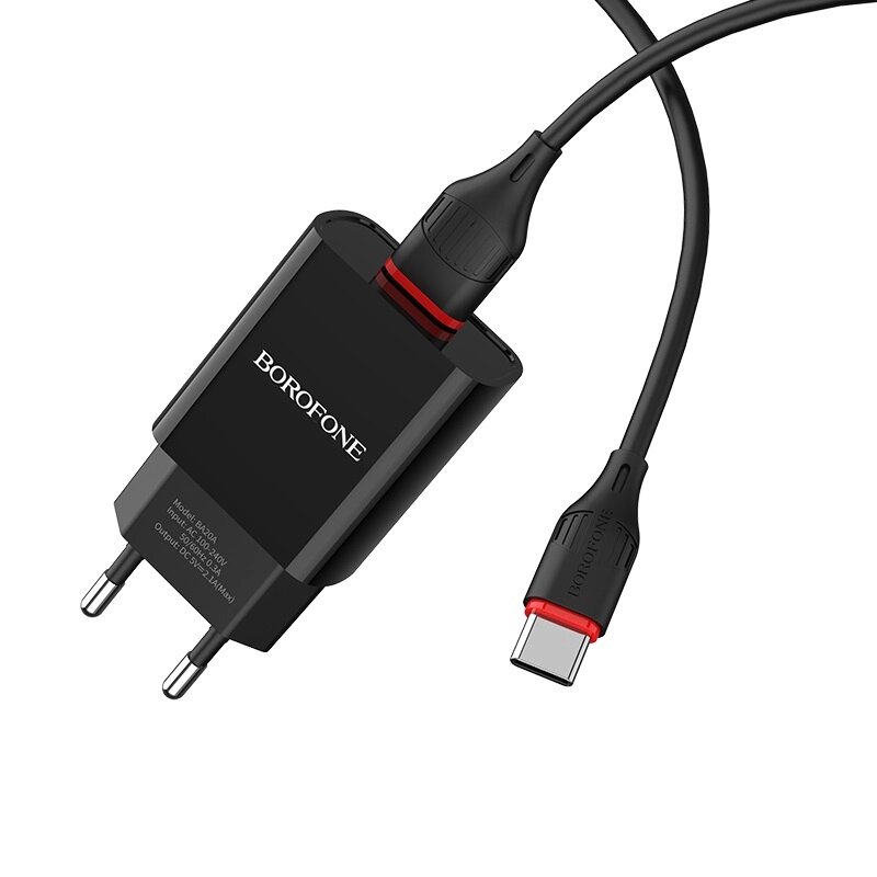 ЗУ Сетевое Borofon BA20A   1*USB+ кабель TypeC, 2,1А, блистер черный от компании Медиамир - фото 1