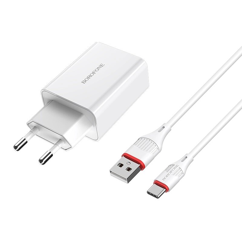 ЗУ Сетевое Borofon BA21A Long journey 1*USB+ кабель TypeC, 3A, Quick Charge 3.0 18W, блистер white от компании Медиамир - фото 1