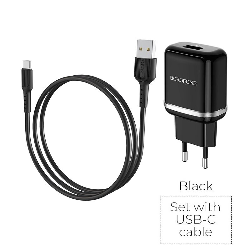 ЗУ Сетевое Borofon BA36A High speed 1* USB 3.0A, QC3.0, 18W + кабель TypeC, блистер Black от компании Медиамир - фото 1