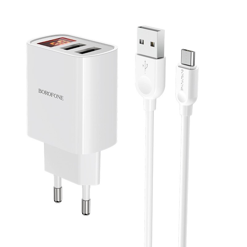 ЗУ Сетевое Borofon BA58A 2USB 2.4A + micro USB c LED-дисплеем  1м (White) от компании Медиамир - фото 1