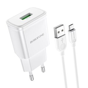 ЗУ Сетевое Borofon BA59A Heavenly 1USB 3.0A QC3.0 18W быстр. зарядка, кор. кабель MicroUSB White