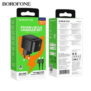 ЗУ Сетевое Borofon BAS22A 1USB+1Type-C 3.0A QC3.0 PD 20W быстр зарядка+ каб TypeC/TypeC Black