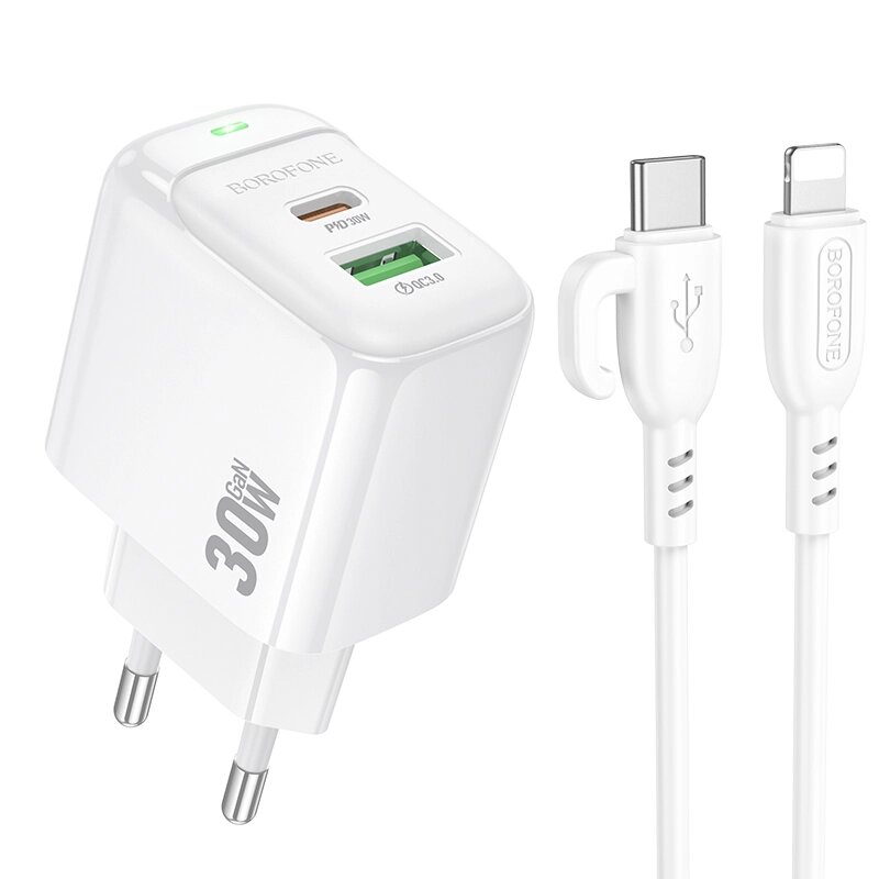 ЗУ Сетевое Borofon BAS45A 1USB+1TypeC 3,0A QC3.0+PD 30W быстр зарядка + кабель Lightning/TypeC White от компании Медиамир - фото 1