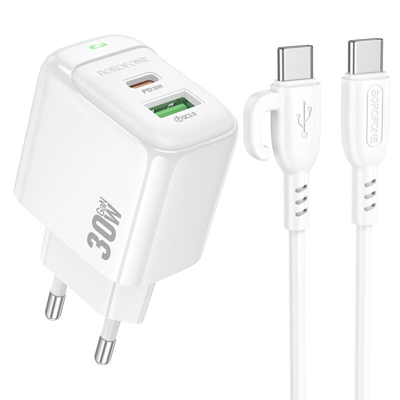 ЗУ Сетевое Borofon BAS45A 1USB+1TypeC 3,0A QC3.0+PD 30W быстр зарядка + кабель TypeC/TypeC White сп от компании Медиамир - фото 1