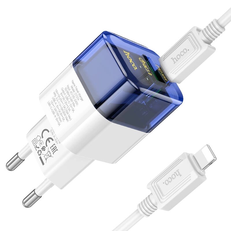 ЗУ Сетевое HOCO C131A 1USB+1Type-C 3.0A QC3.0 PD 30W быстрая зарядка + кабель Lightning/TypeC Blue от компании Медиамир - фото 1