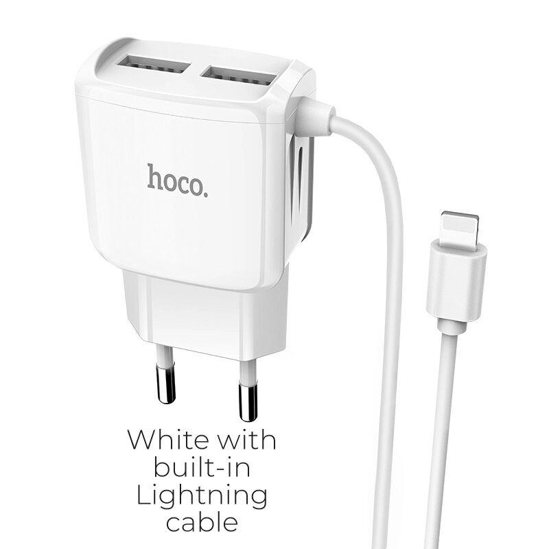 ЗУ Сетевое HOCO C59A Mega joy 2USB + встроенный Lightning, 2.1A, белый от компании Медиамир - фото 1